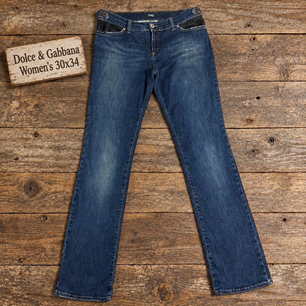 D&G Dolce & Gabbana Women Blue Leather Trim Straight Jeans Made in Italy 30x34